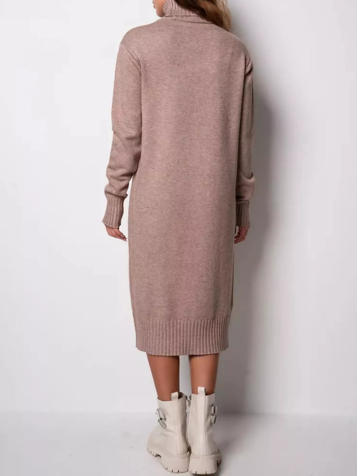 turtleneck ribbed knit sweater dress | dropsona - neutral - close-up detail