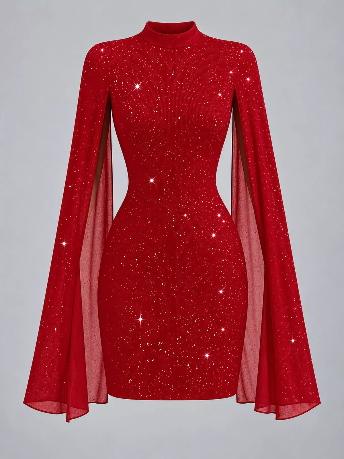 glitter mock neck cape-sleeve bodycon mini dress | dropsona - neutral - material texture