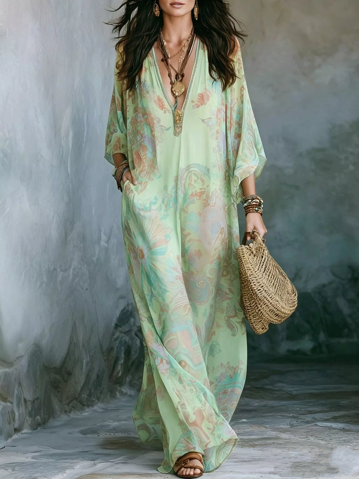 full size floral print v-neck maxi dress plus | dropsona - neutral - material texture