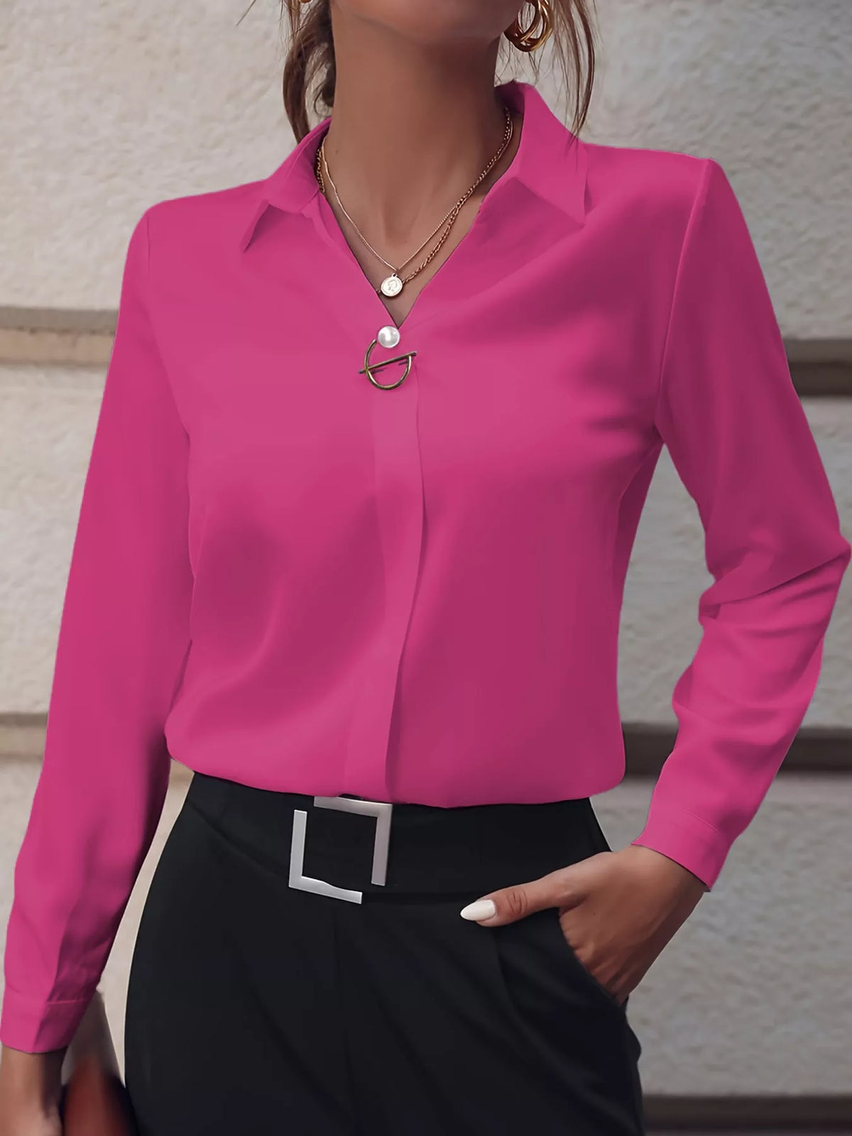 long sleeve satin blouse | dropsona - neutral - front view