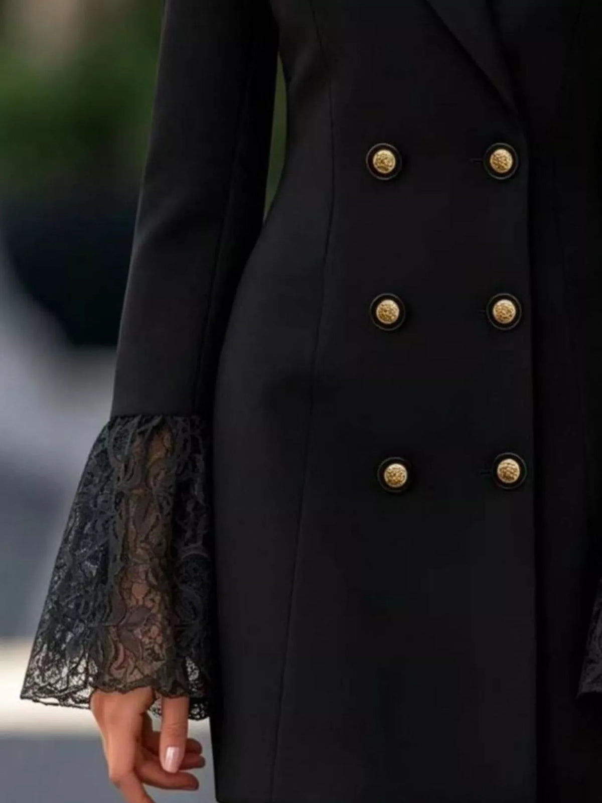 double-breasted blazer dress with lace flare cuffs | dropsona - neutral - close-up detail