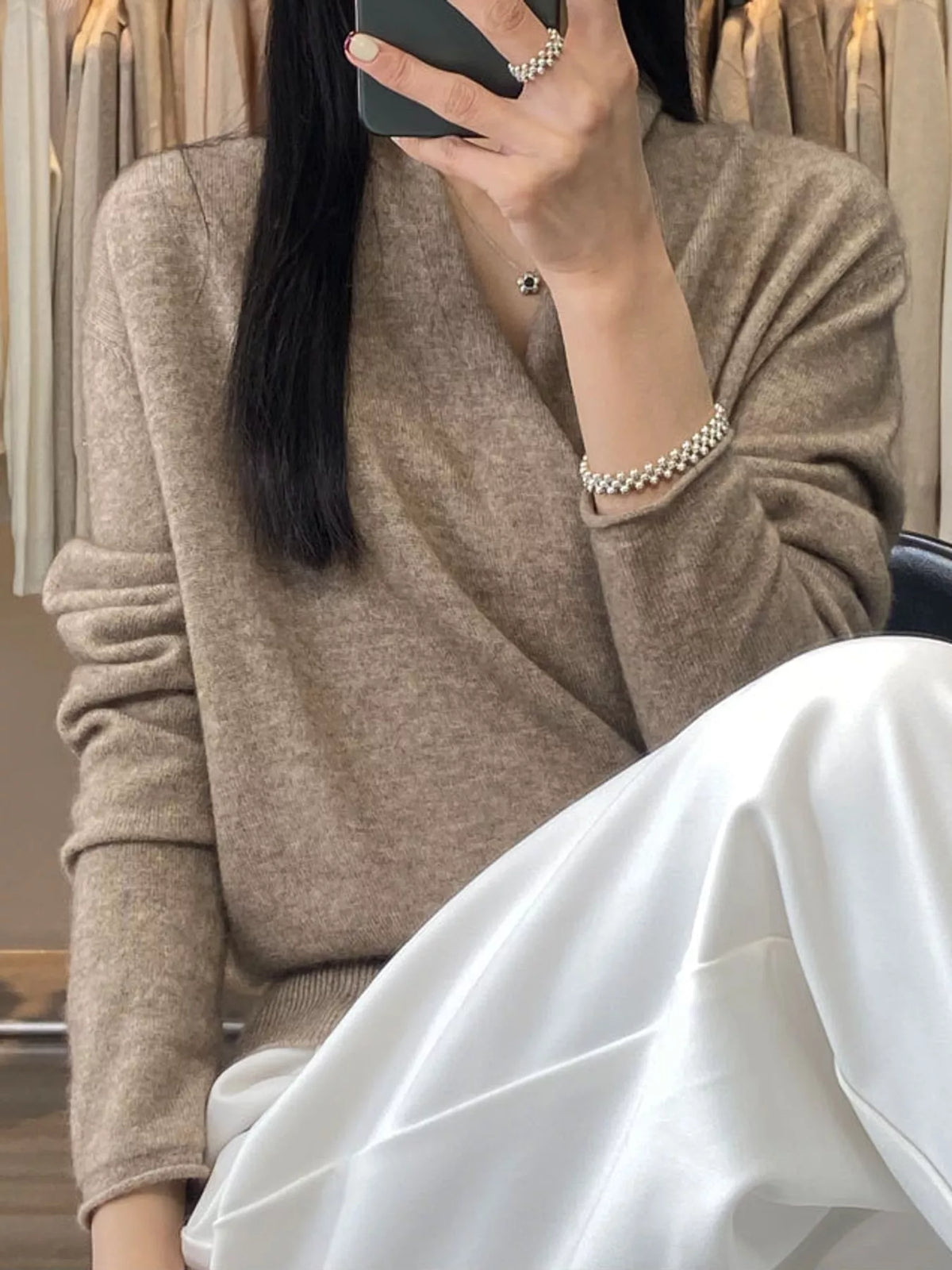 wrap-front long sleeve sweater – crisscross,ribbed fit | dropsona - neutral - material texture