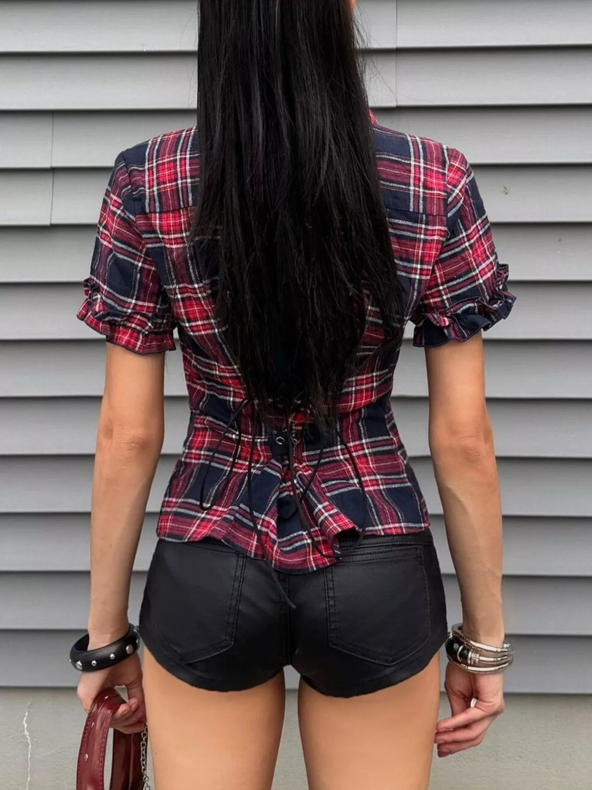 plaid zip-up shirt – zipper,frill | dropsona - neutral - size reference