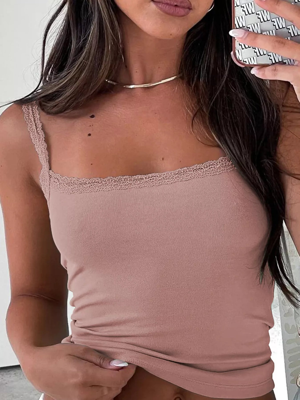 lace detail cami top – detail,ribbed,backless fit | dropsona - neutral - close-up detail