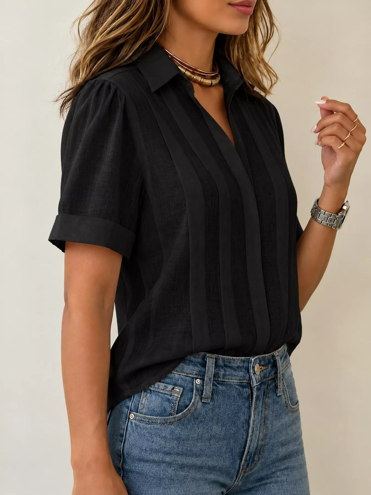 full size button up short sleeve shirt plus | dropsona - neutral - close-up detail