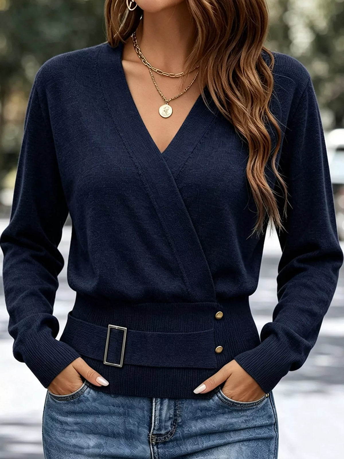 surplice elastic waist long sleeve knit top | dropsona - neutral - front view