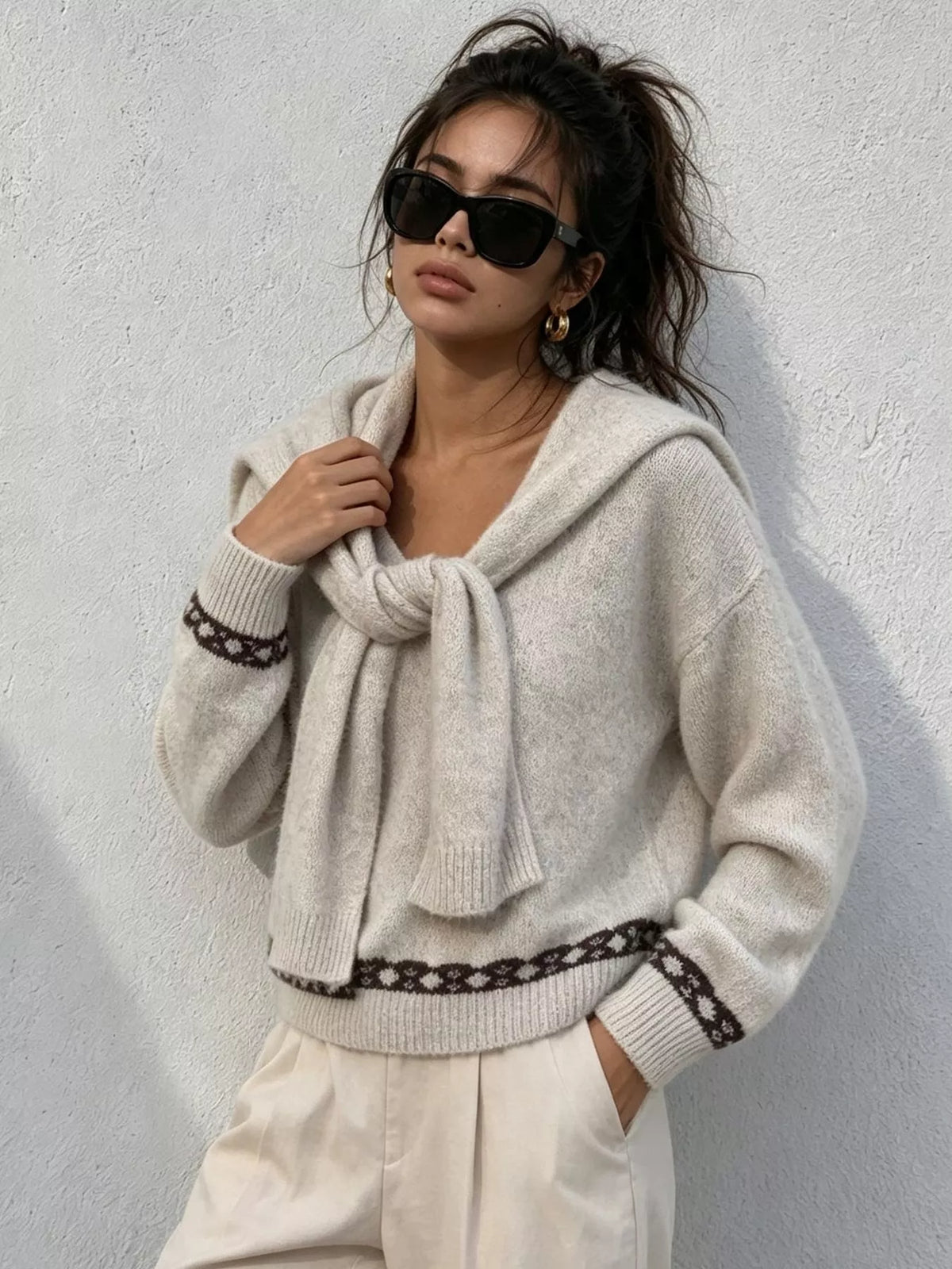scarf detail dropped shoulder sweater – basic style | dropsona - neutral - everyday use