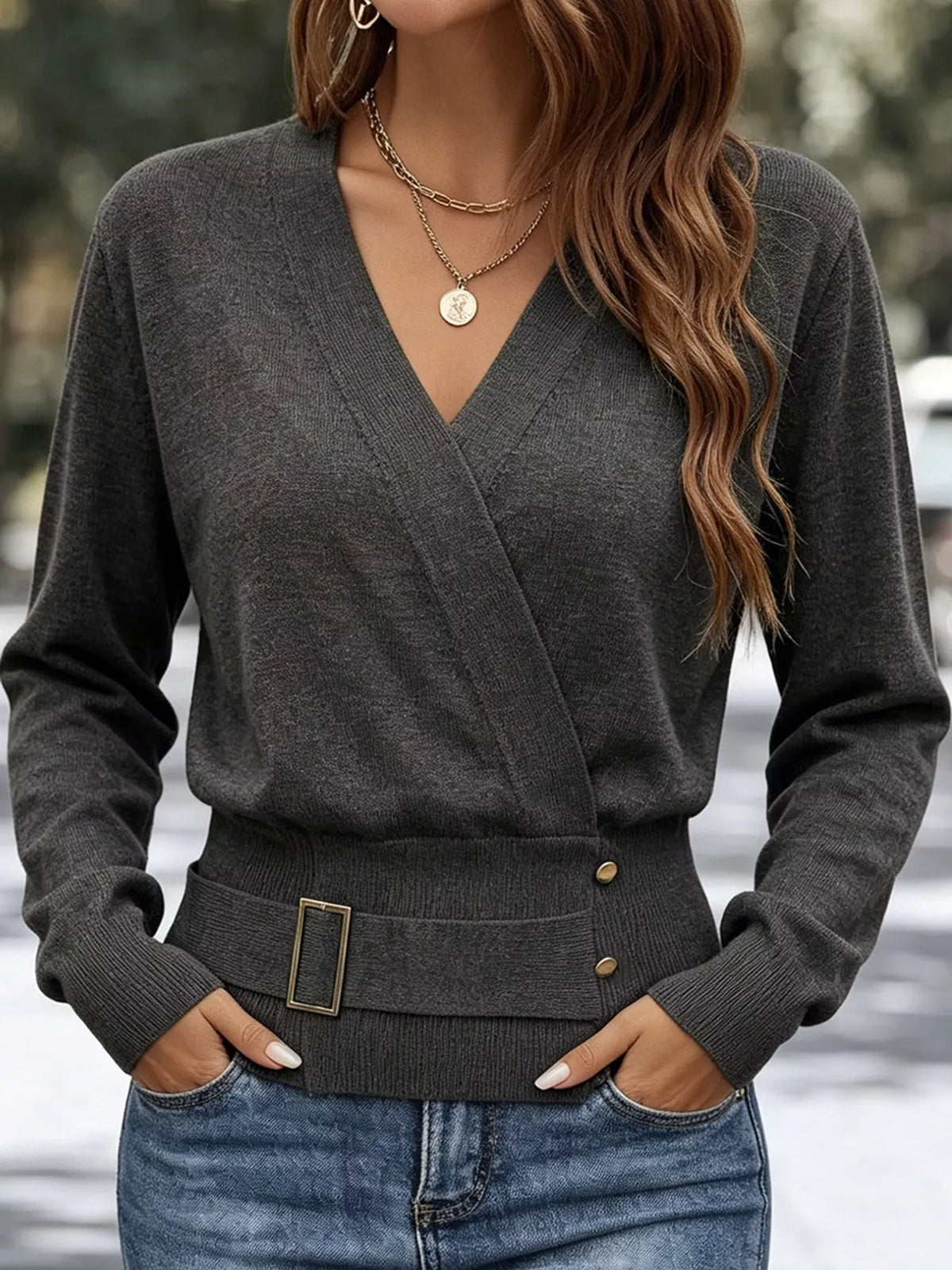 surplice elastic waist long sleeve knit top | dropsona - neutral - close-up detail