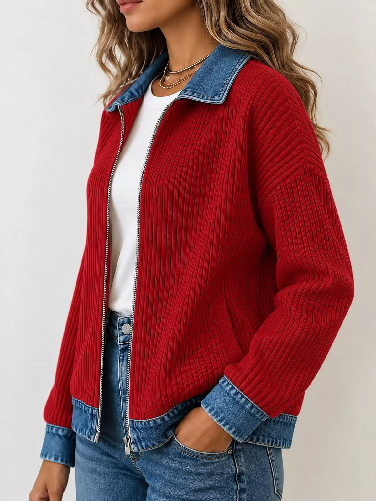 full size denim-collar ribbed knit zip-up jacket plus | dropsona - neutral - packaging