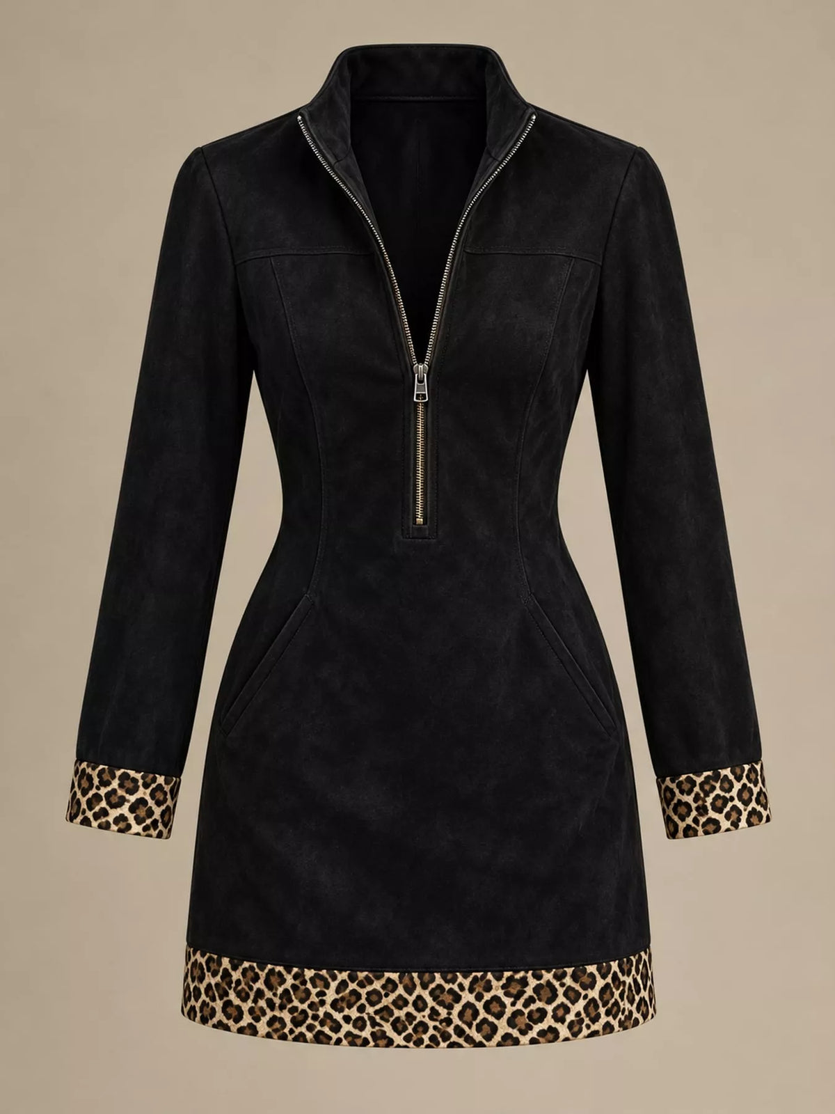 leopard half zip mini dress | dropsona polyester ≥95% - neutral - front view