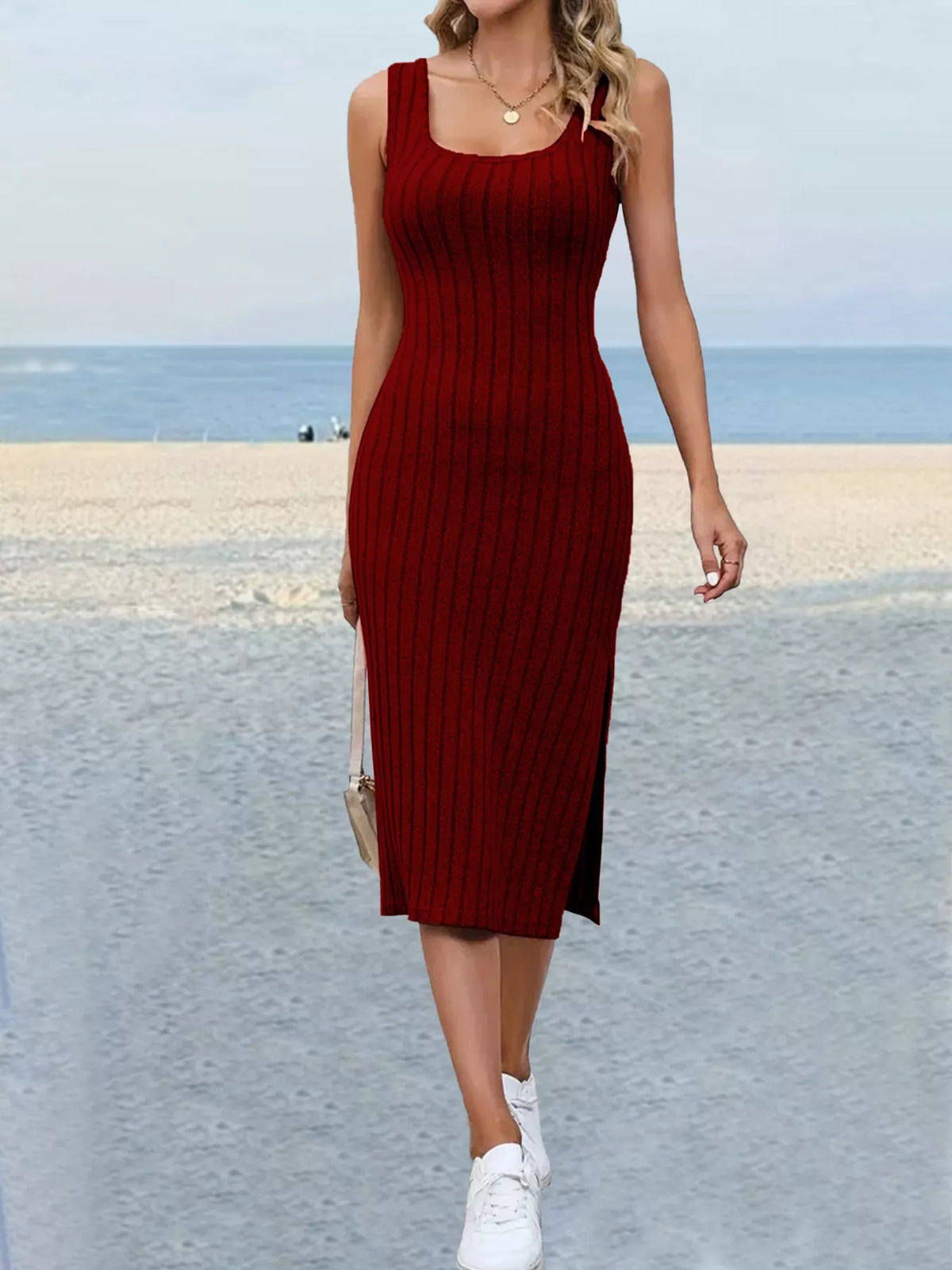slit sleeveless scoop neck dress – ribbed | dropsona - neutral - front view