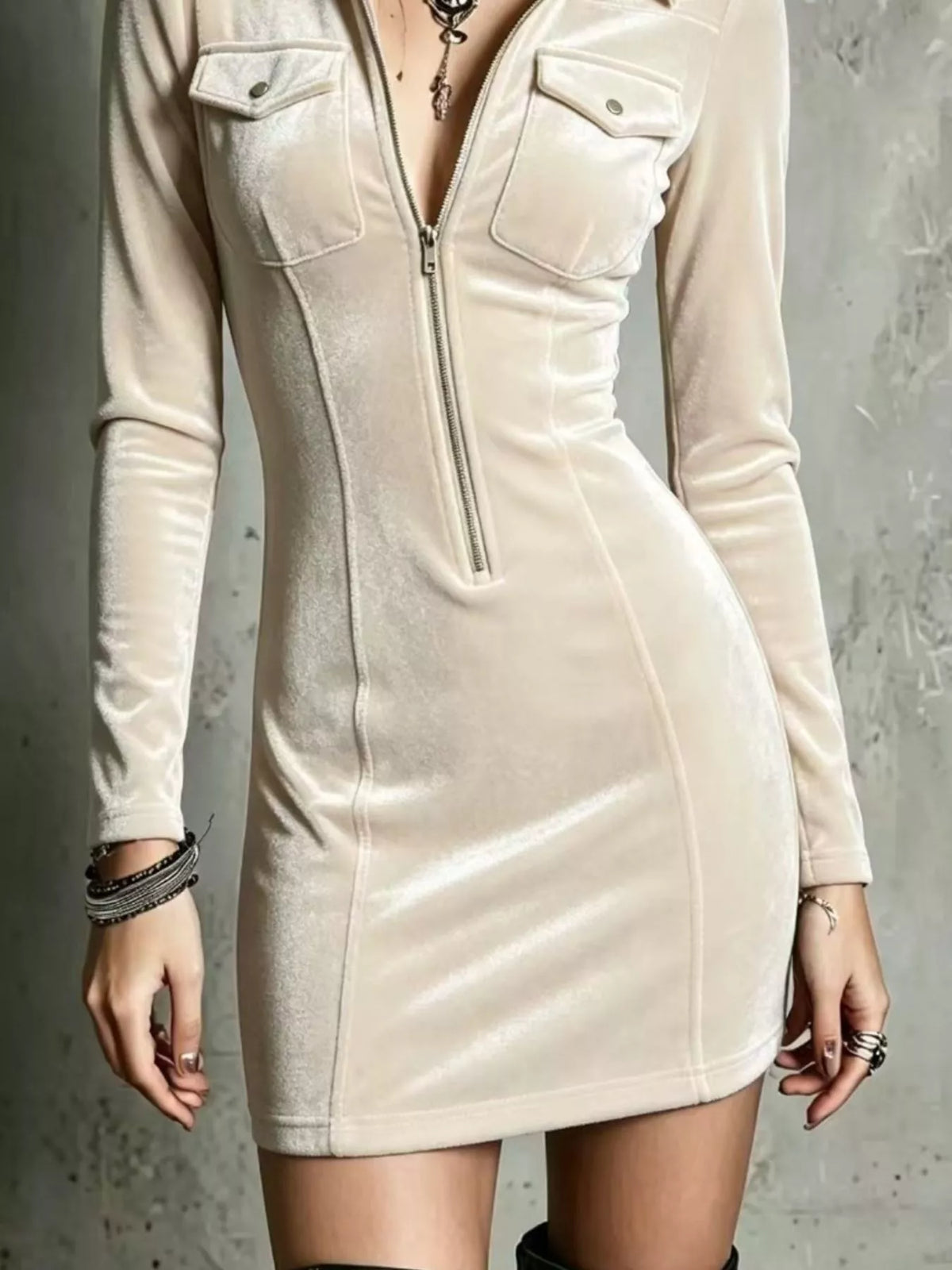 velvet zip-front utility bodycon mini dress | dropsona - neutral - close-up detail