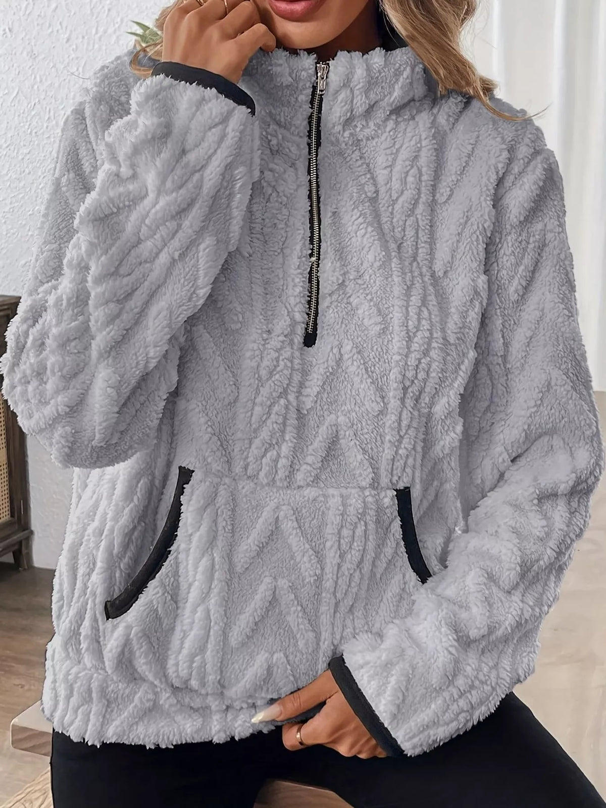 full size quarter-zip sherpa sweatshirt plus | dropsona - neutral - front view