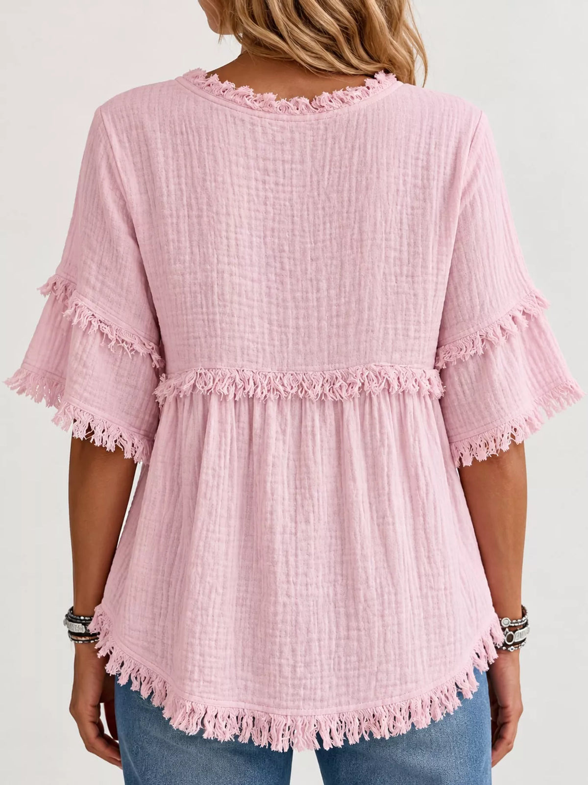 full size frayed edge textured blouse plus | dropsona - neutral - front view