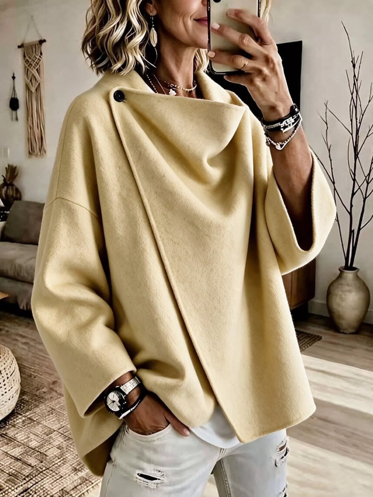 full size asymmetric cowl neck cape plus | dropsona - neutral - close-up detail