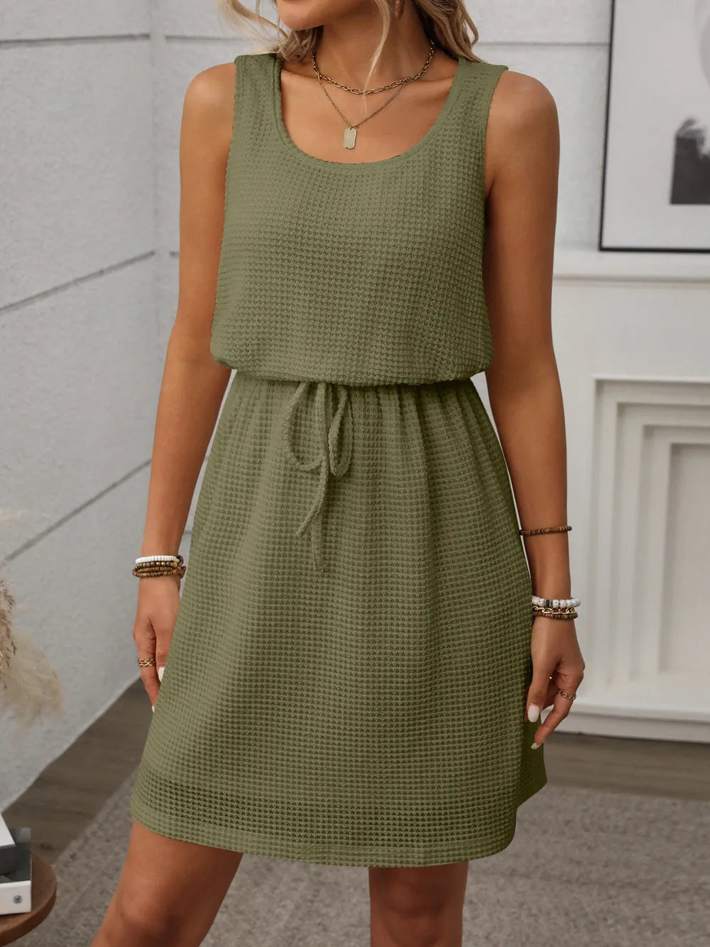 waffle-knit drawstring mini tank dress - front view