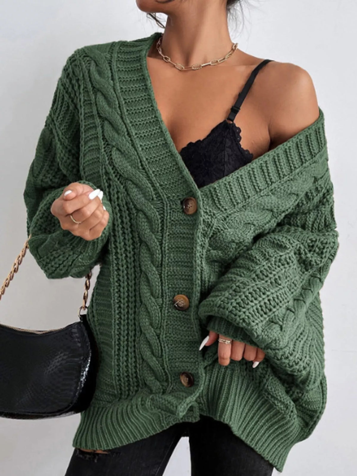 cable knit button-down cardigan | dropsona - neutral - usage example