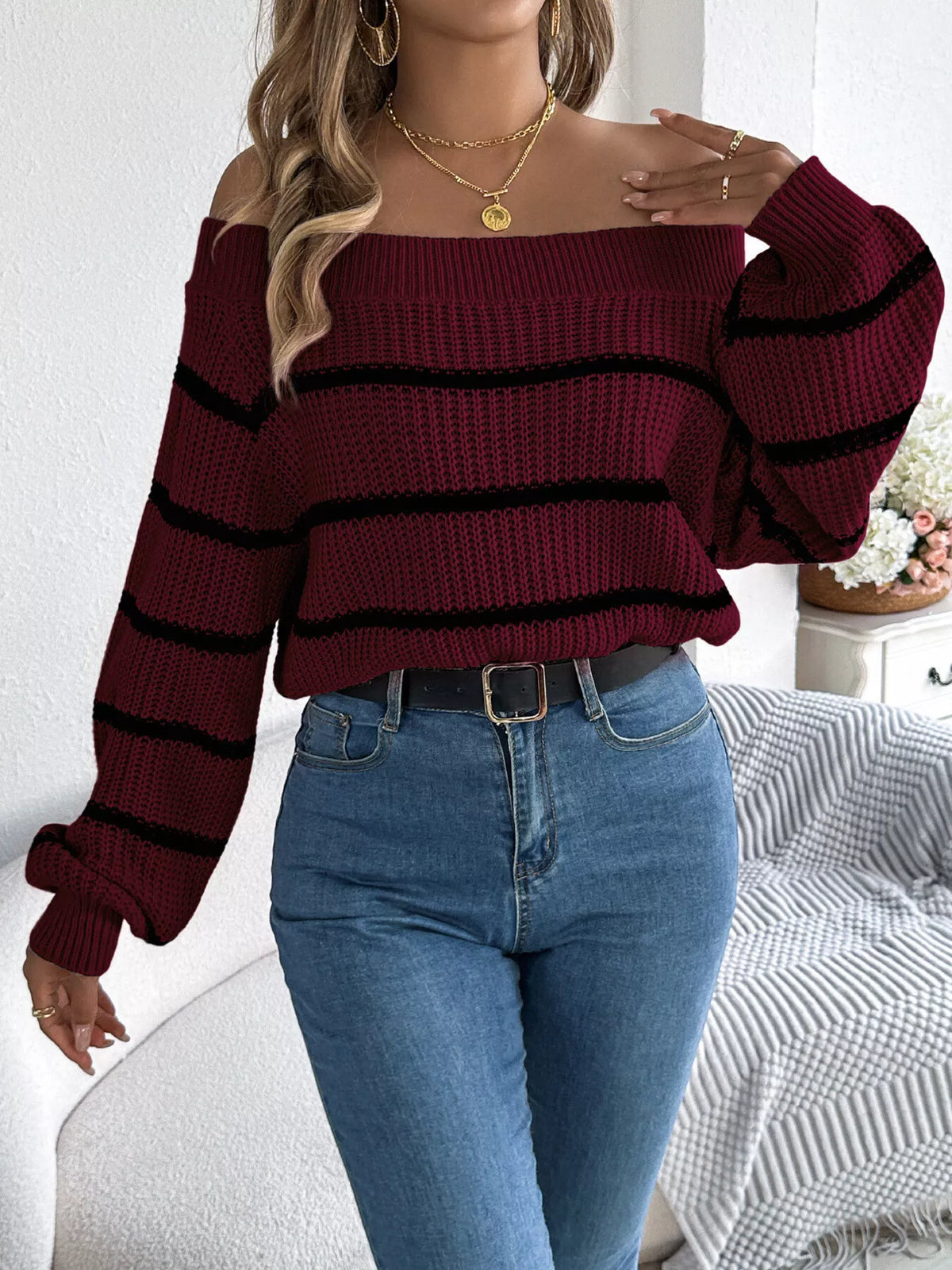 off-shoulder striped contrast sweater – basic style | dropsona - neutral - packaging