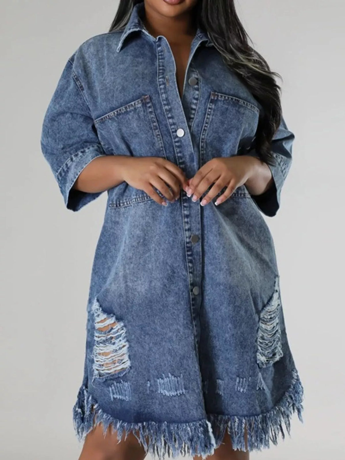 plus size distressed frayed hem button-down denim | dropsona - neutral - everyday use