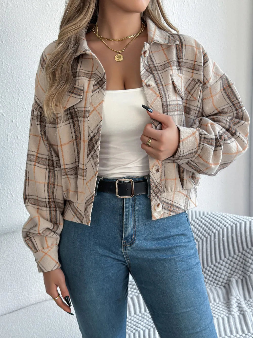 plaid button up long sleeve jacket – buttoned | dropsona - neutral - size reference