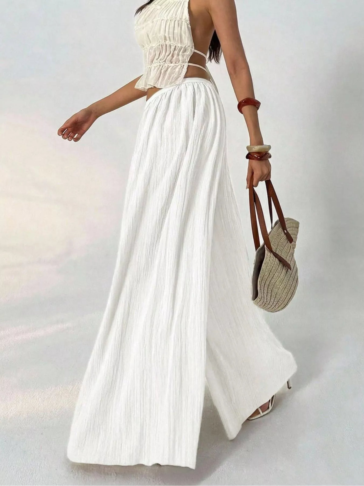 high-waisted wide-leg pleated casual pants | dropsona - neutral - front view