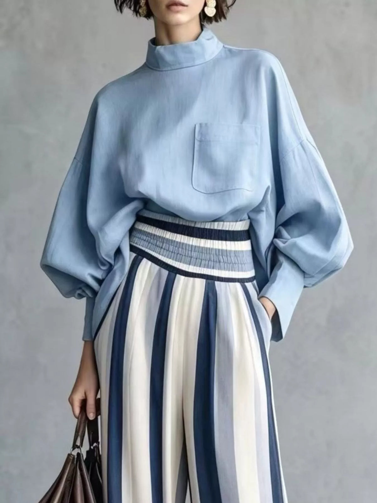 full size mock-neck blouse and striped wide-leg | dropsona - neutral - front view