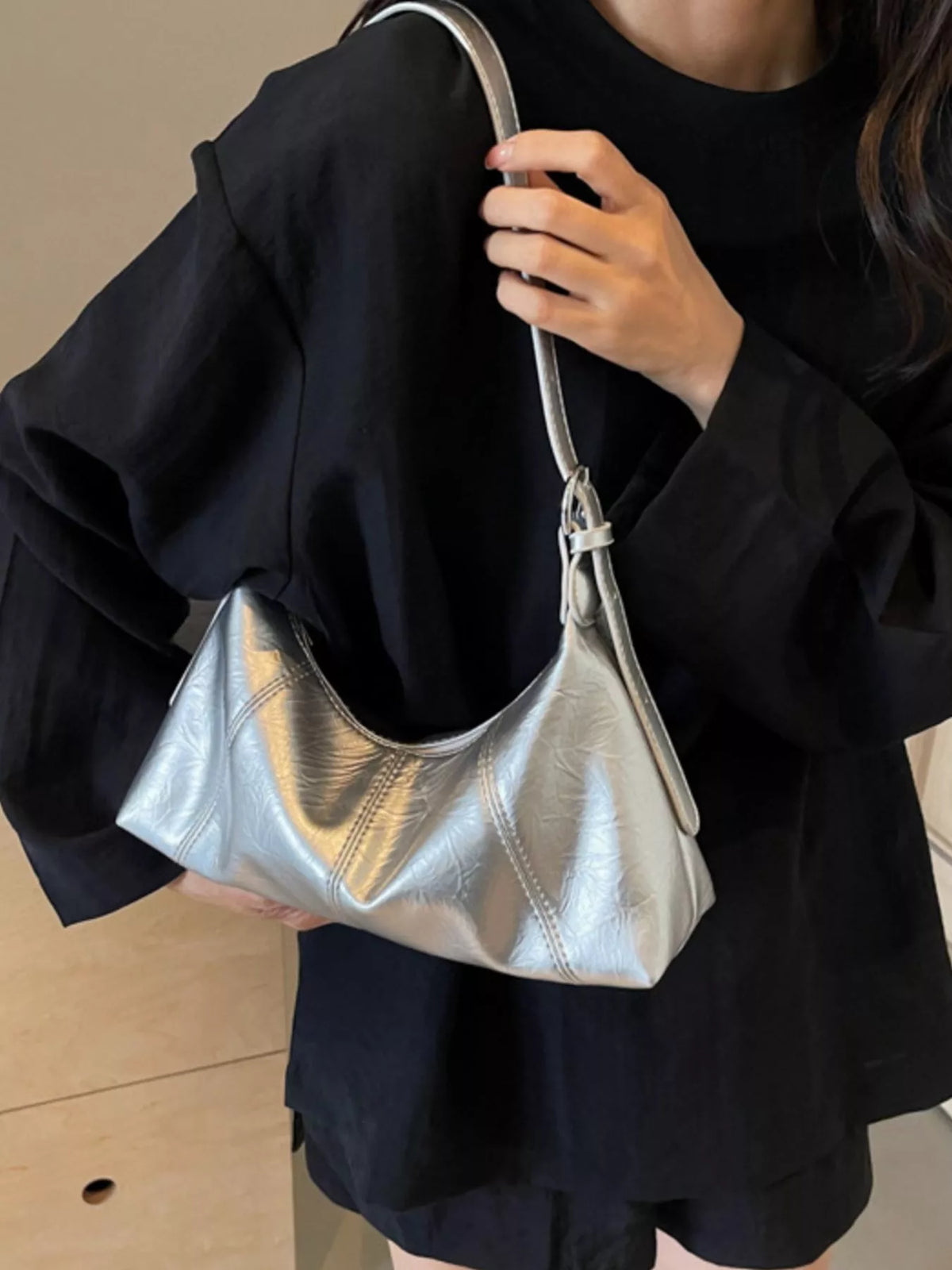 pu leather shoulder bag – stylish sling | dropsona - neutral - close-up detail