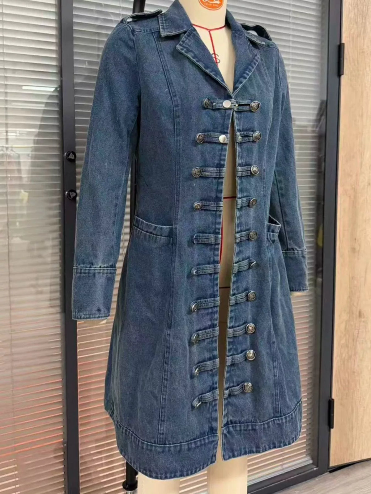 full size decorative button longline denim jacket | dropsona - neutral - close-up detail