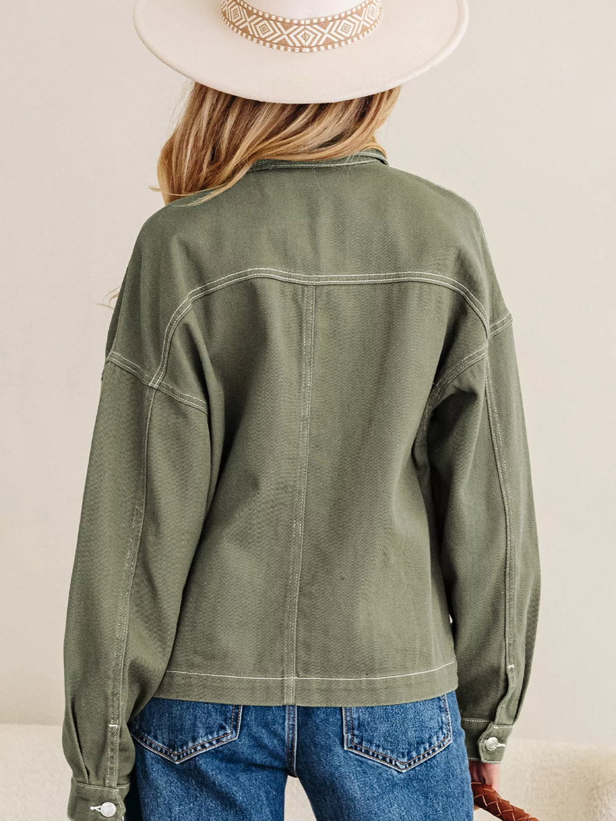 patched pocket collared button front boyfriend denim jacket - close-up detail