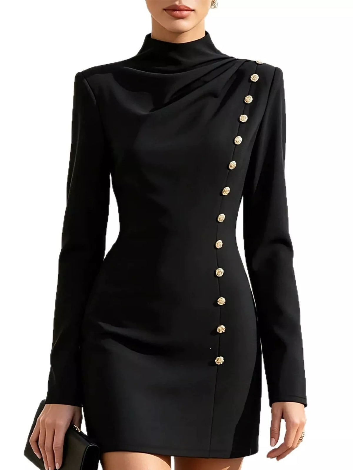 full size decorative button mock neck mini dress plus | dropsona - neutral - size reference