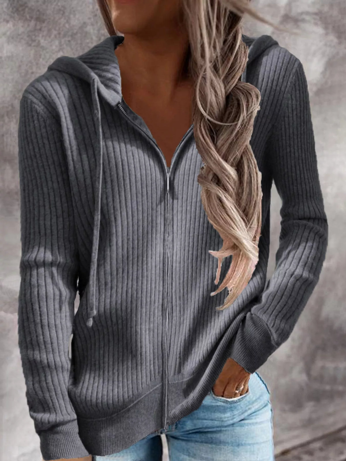 full size ribbed knit zip-up hooded cardigan plus | dropsona - neutral - packaging