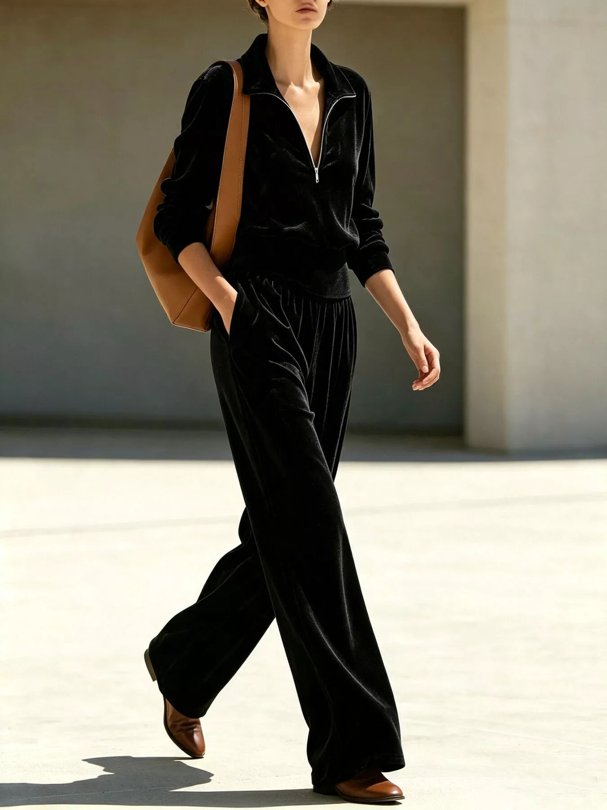 full size quarter-zip top and wide-leg pants set plus | dropsona - neutral - front view