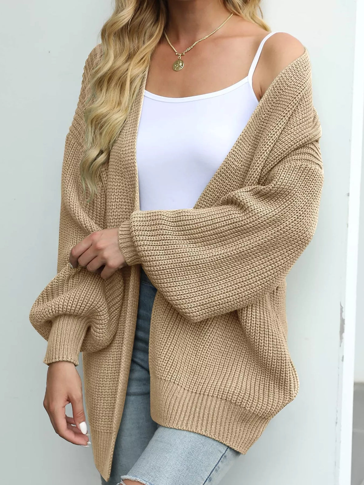 chunky knit open front cardigan with lantern sleeves | dropsona - neutral - usage example