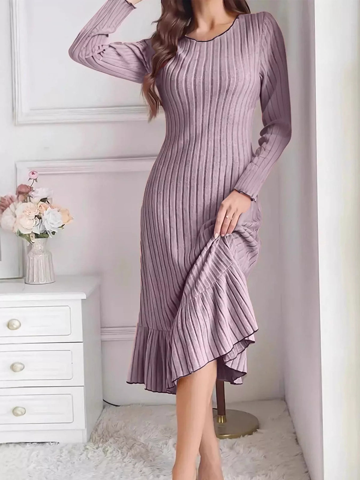 full size ribbed knit ruffle hem bodycon dress plus | dropsona - neutral - usage example