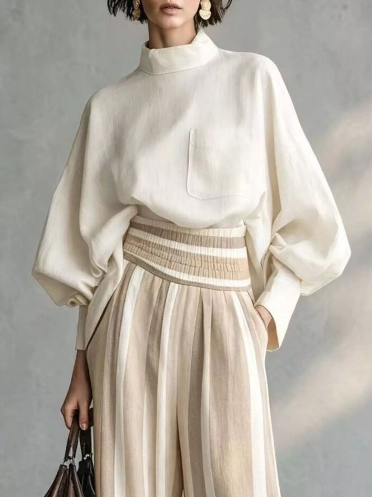 full size mock-neck blouse and striped wide-leg | dropsona - neutral - usage example