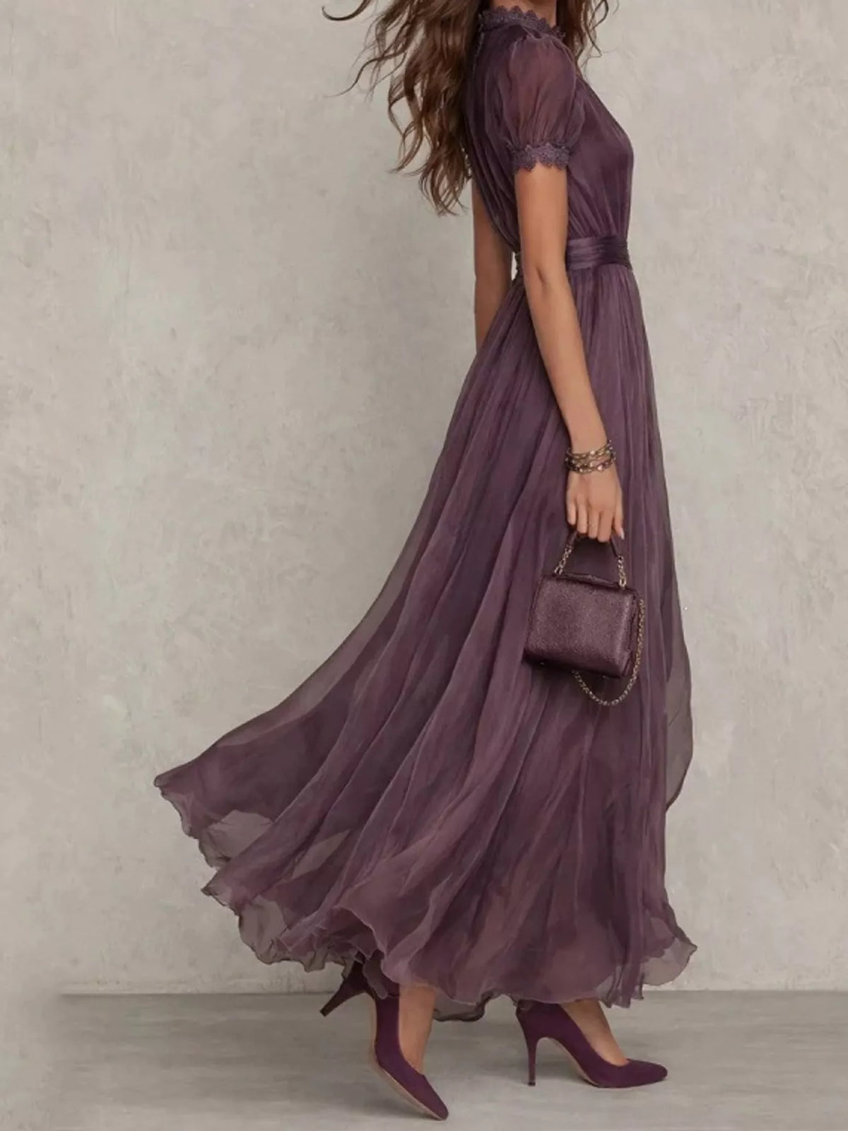full size elegant sheer chiffon mock-neck maxi dress | dropsona - neutral - close-up detail