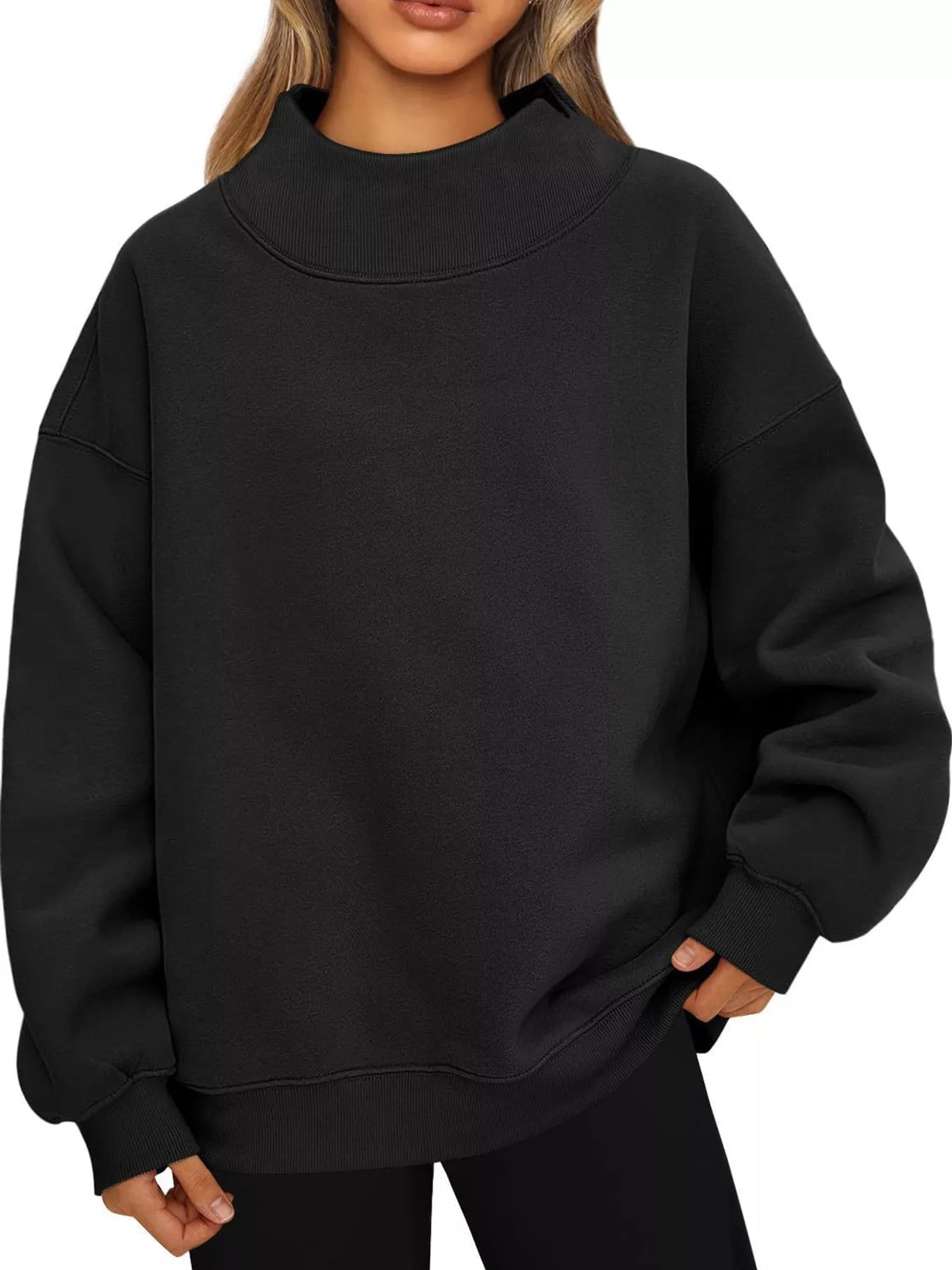 oversized mock neck long sleeve sweatshirt | dropsona - neutral - close-up detail