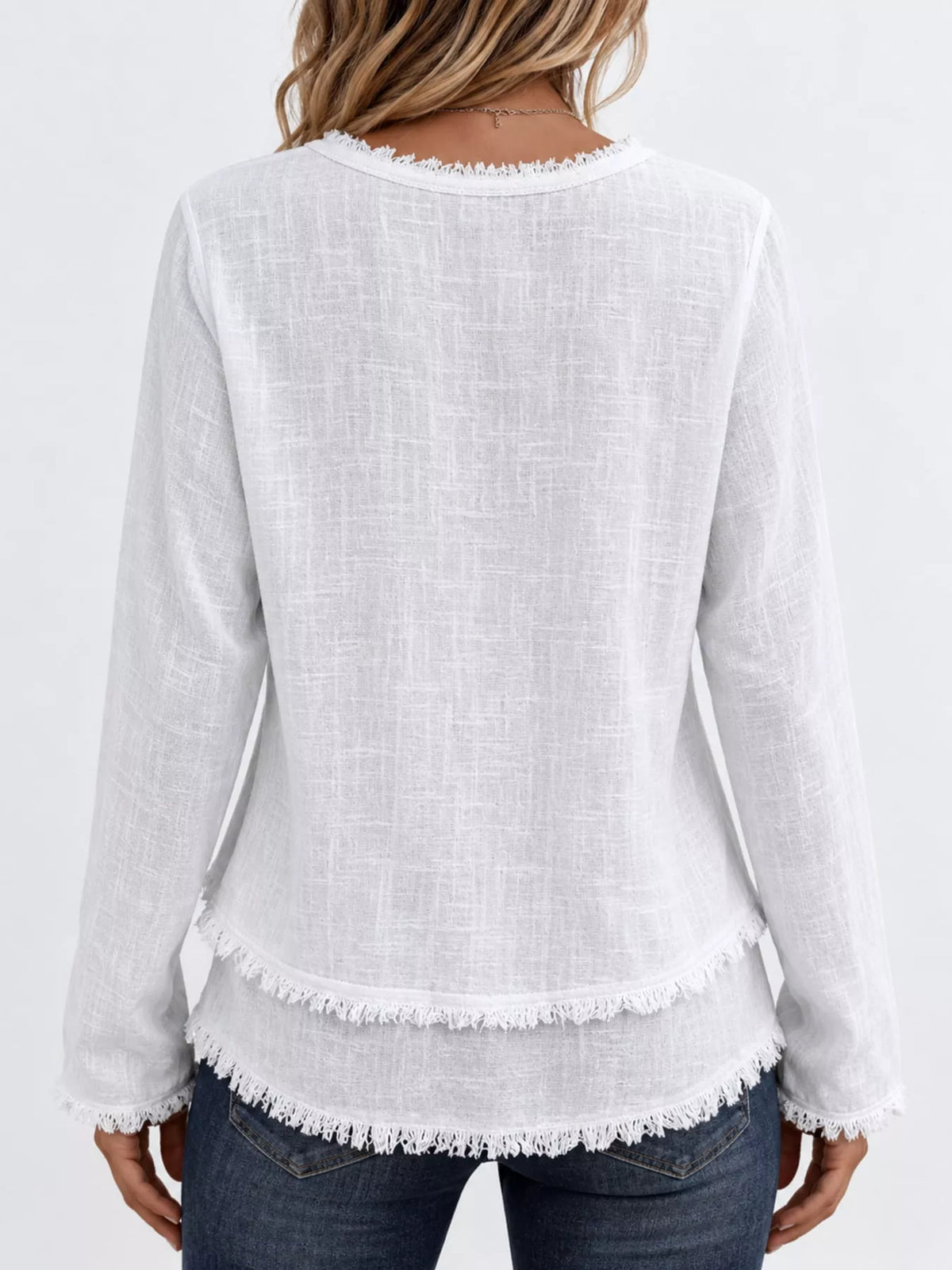full size frayed hem v-neck blouse plus | dropsona - neutral - size reference