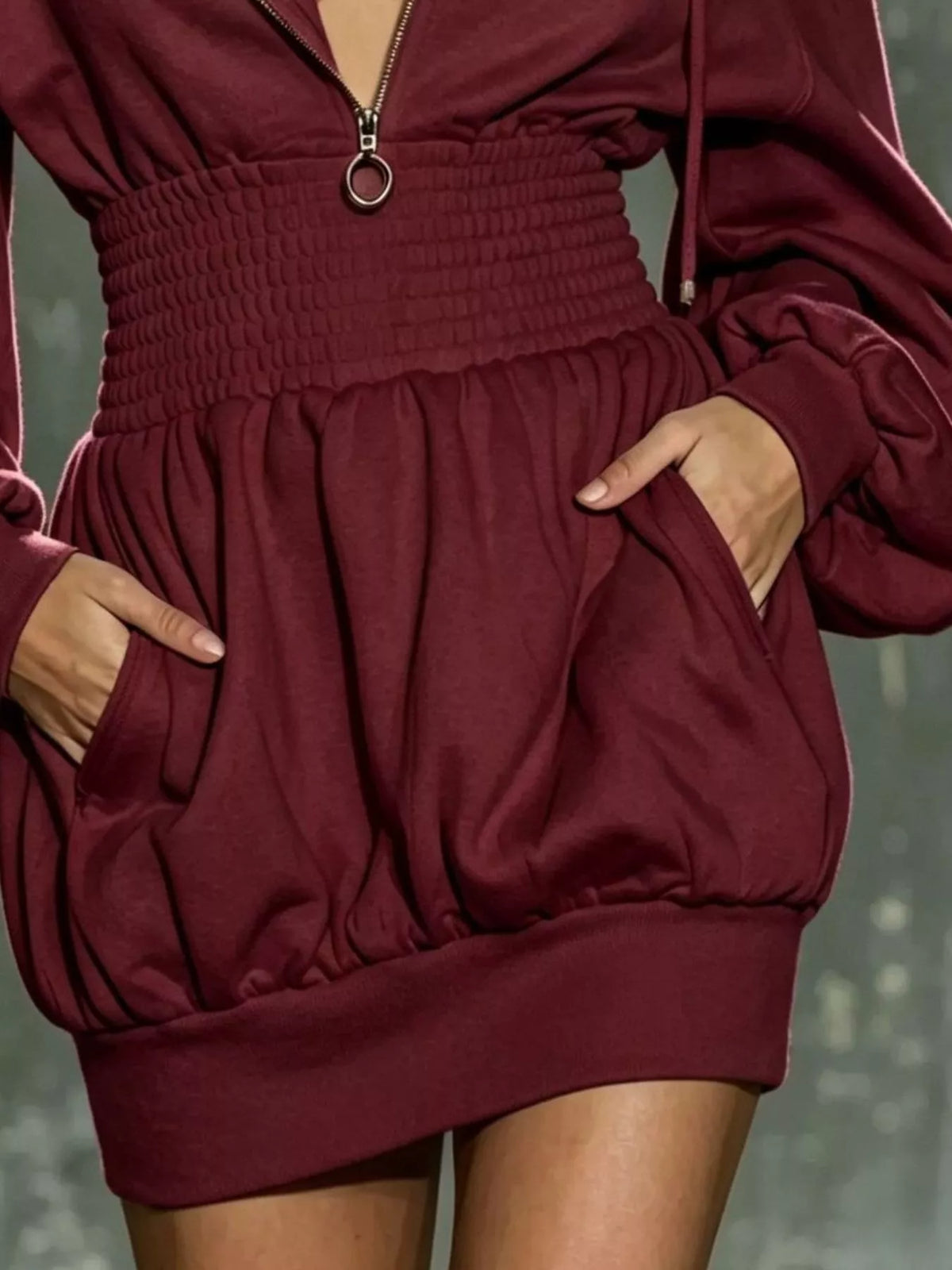 hooded long sleeve mini dress with smocked waist | dropsona - neutral - usage example