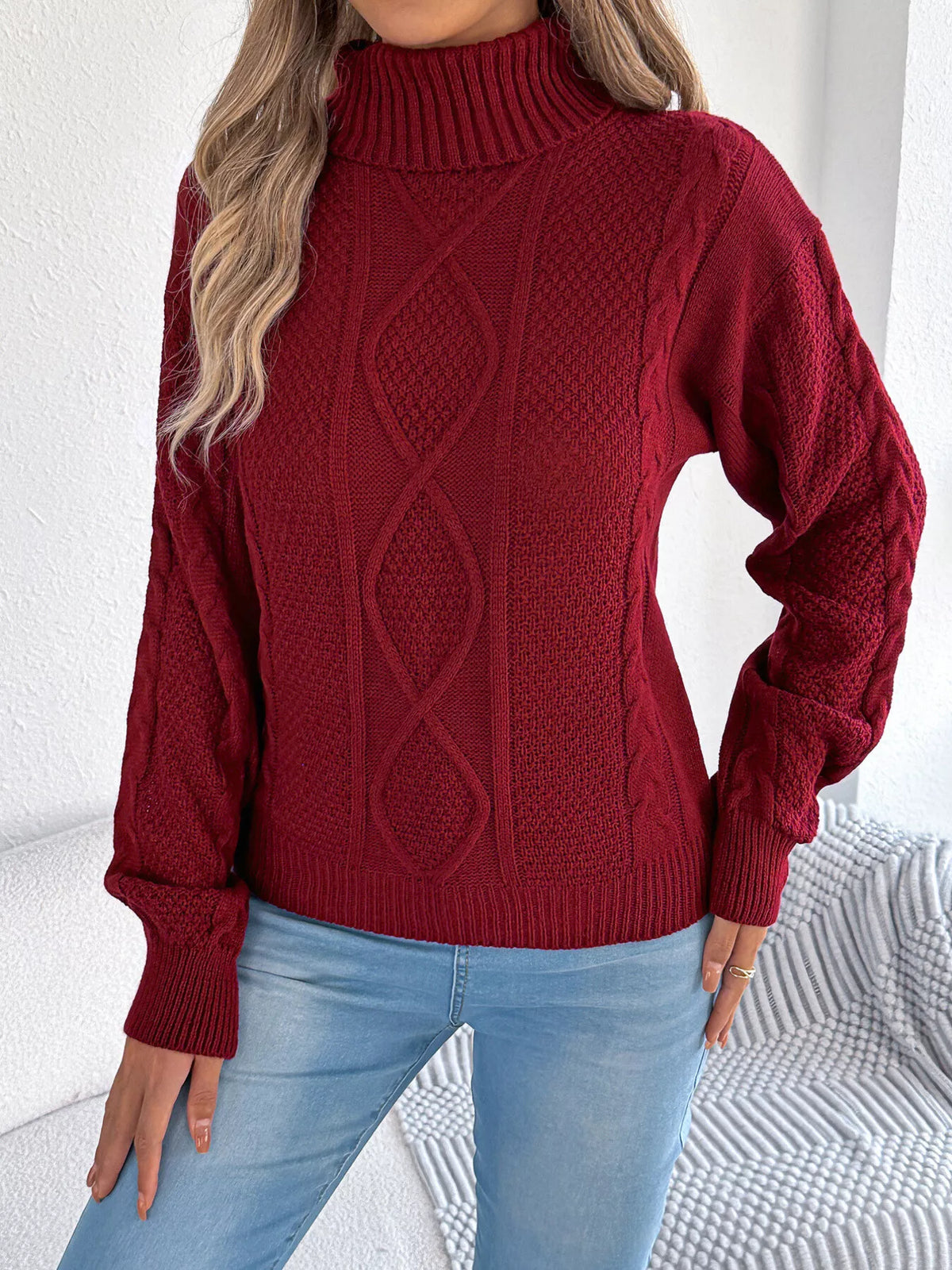 cable knit turtleneck sweater – basic style | dropsona - neutral - size reference