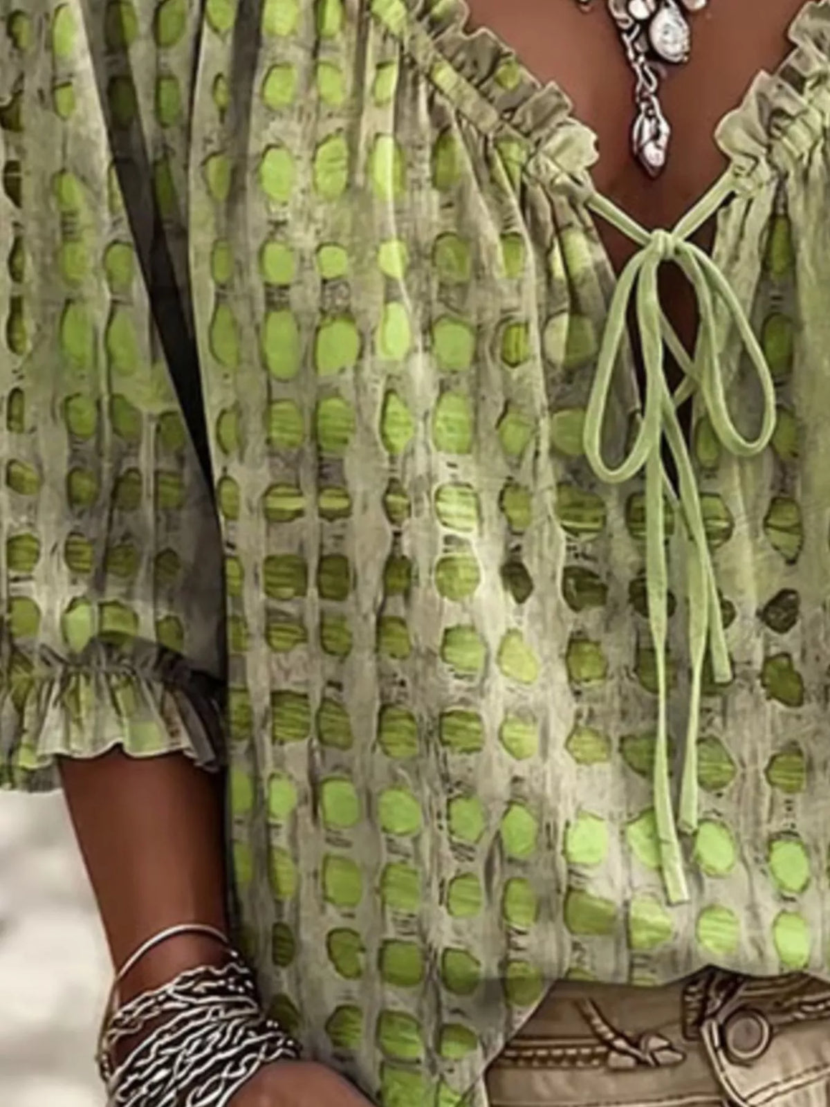 full size tie neck 3/4 sleeve blouse plus | dropsona - neutral - material texture