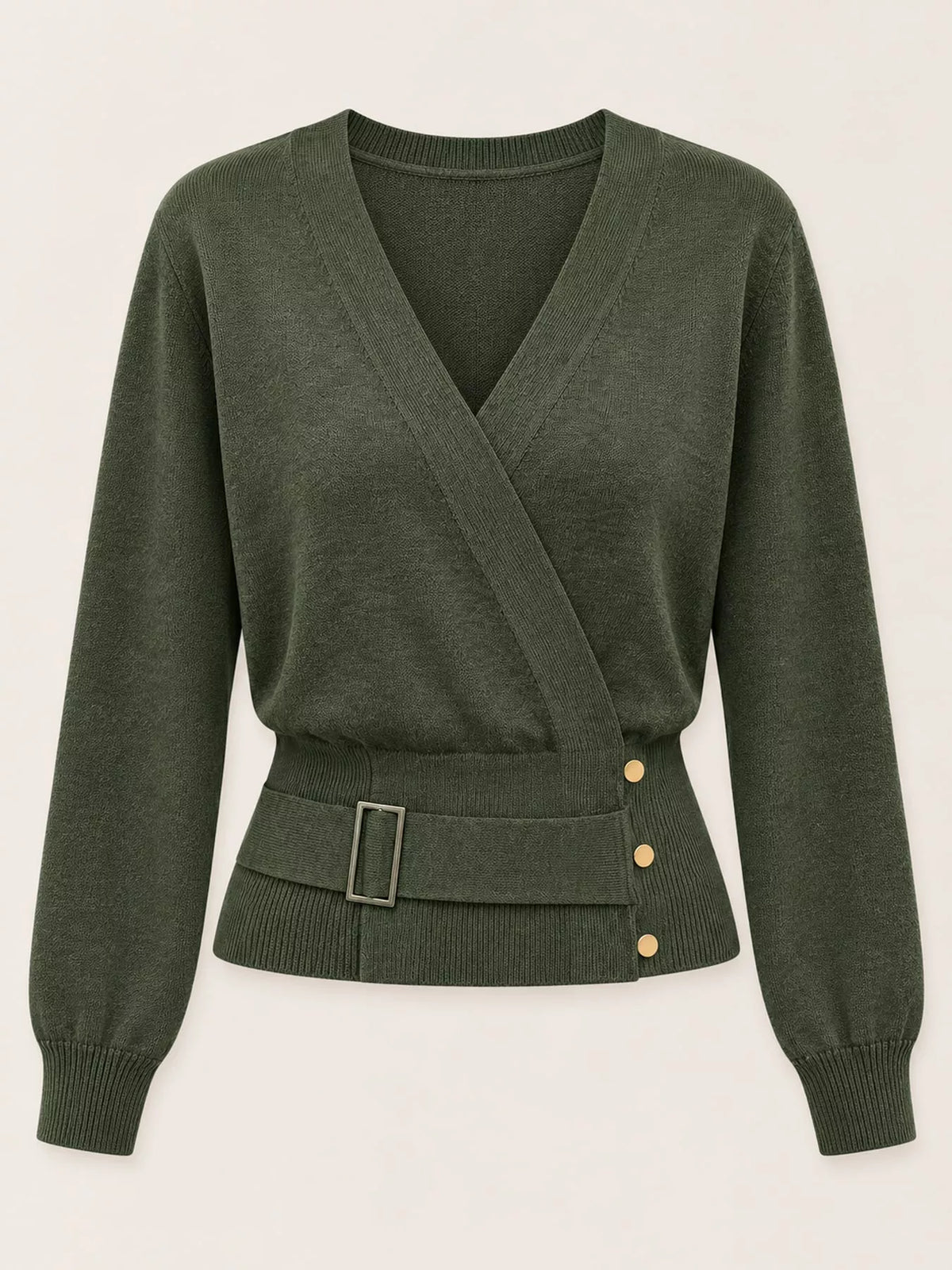 surplice elastic waist long sleeve knit top | dropsona - neutral - close-up detail