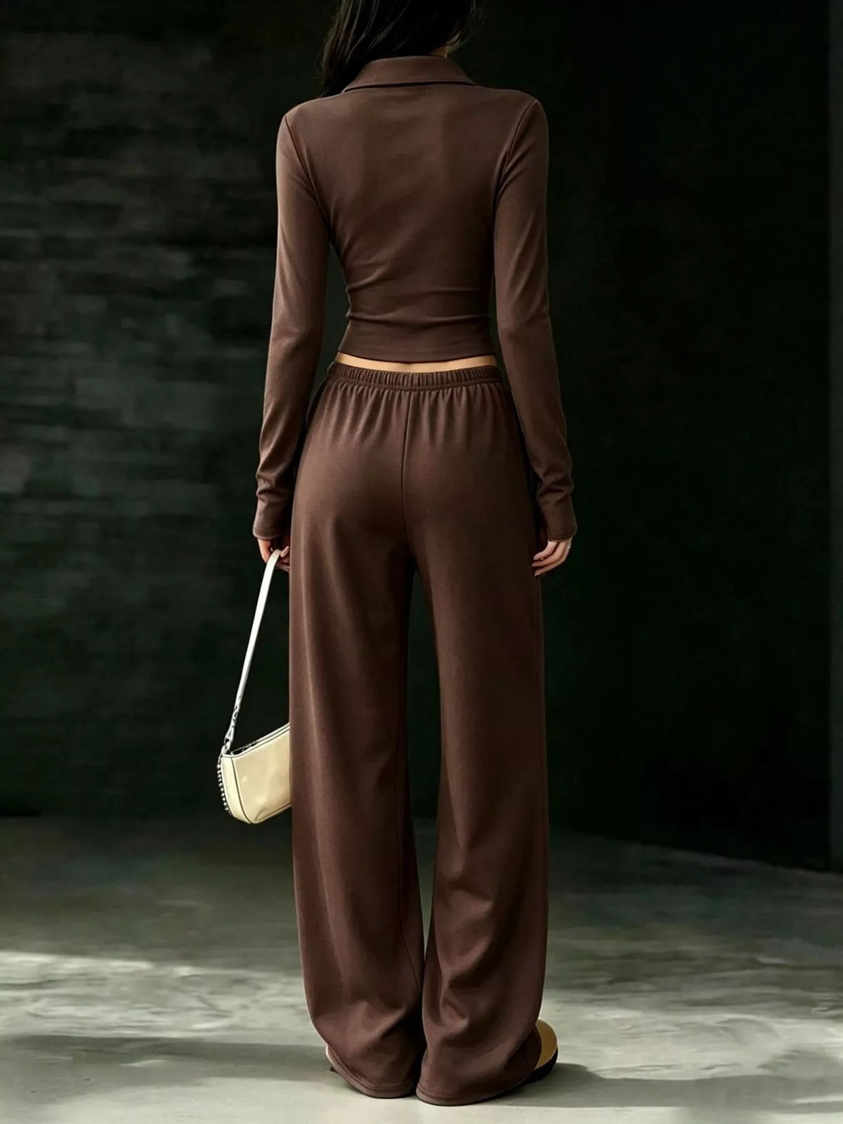 long-sleeve polo top and wide-leg pants set | dropsona - neutral - front view