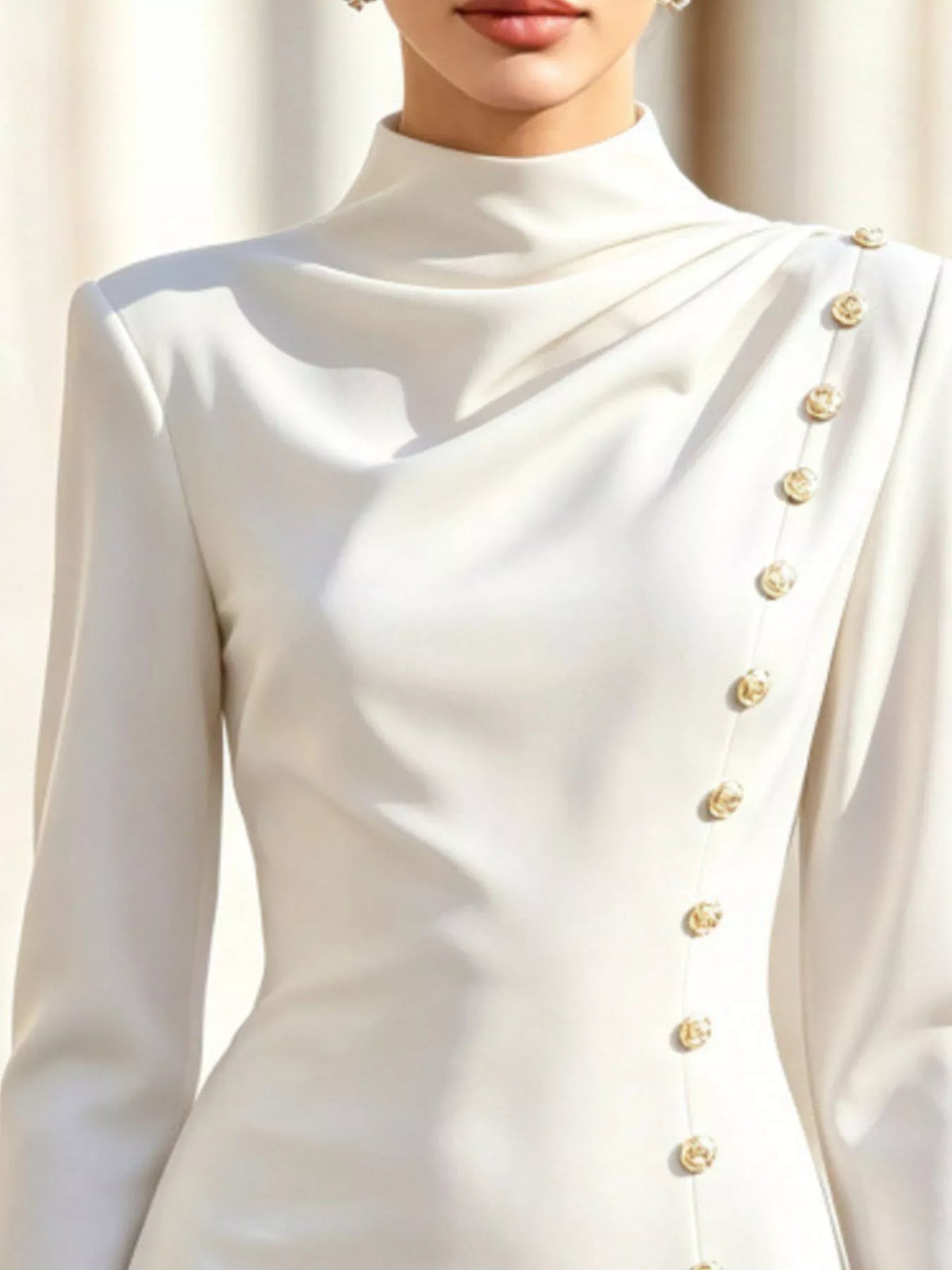 mock neck long-sleeve bodycon dress with gold-tone | dropsona - neutral - close-up detail