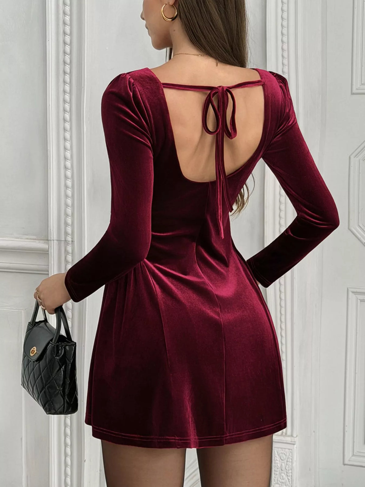 elegant velvet square neck long sleeve mini dress | dropsona - neutral - size reference