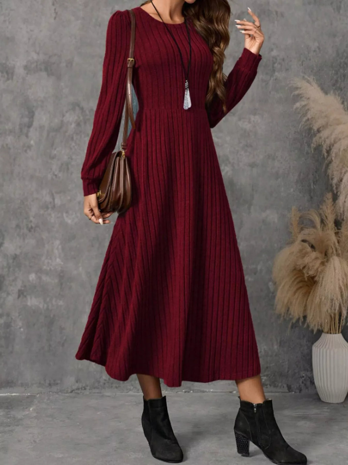 ribbed knit long sleeve a-line midi dress – | dropsona - neutral - close-up detail