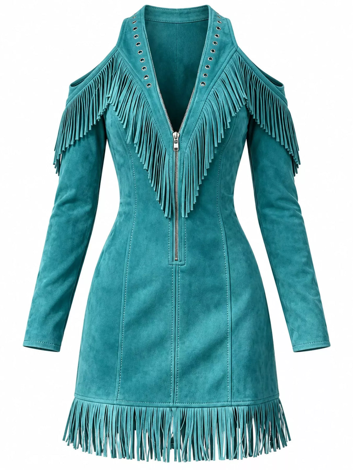 full size fringed cold-shoulder zip-front mini dress | dropsona - neutral - material texture