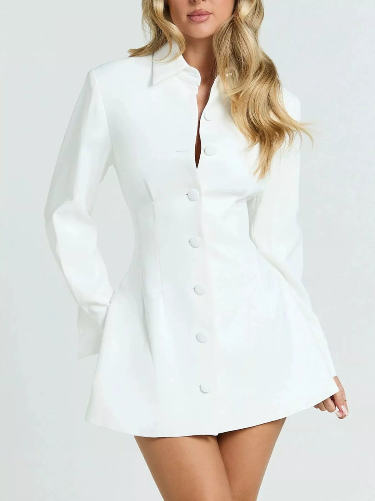 corset-style button-down blazer dress | dropsona - neutral - front view