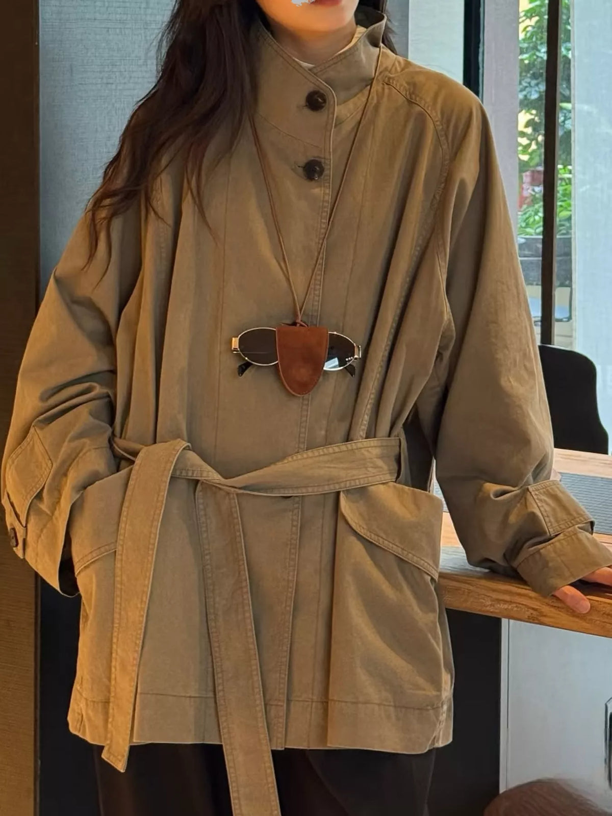 vintage style stand-collar belted utility jacket | dropsona - neutral - everyday use