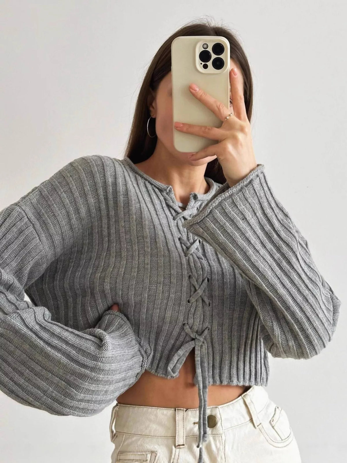 ribbed lace-up crop sweater – | dropsona - neutral - size reference